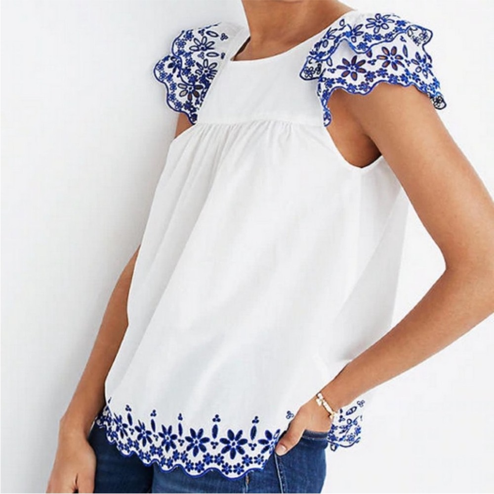 Madewell White Blouse with Blue Embroidery Size 4